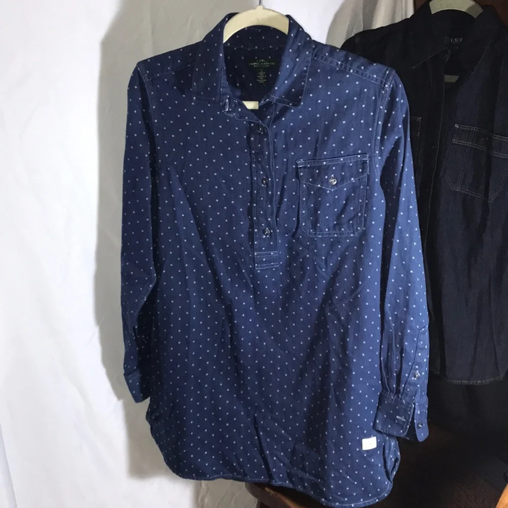 Ralph Lauren Blue Polka Dot Half Button Down Shirt - Picture 1 of 3